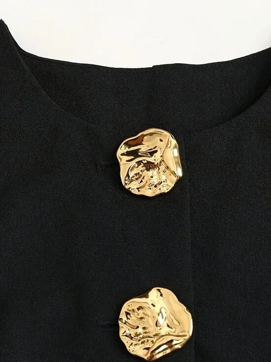 Black French Style Sleeveless Blazer Vest – Gold Button Elegant Top - Picture 2 of 4